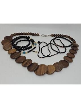 Ventage Y2K Handmade Wooden Disk Beaded Necklace and 7 Black Bracelets